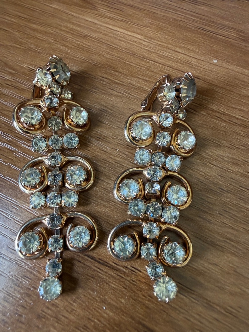 Vintage Sarah Coventry Gold and Clear Crystal Rhinestone Drop Earrings - 2.5”